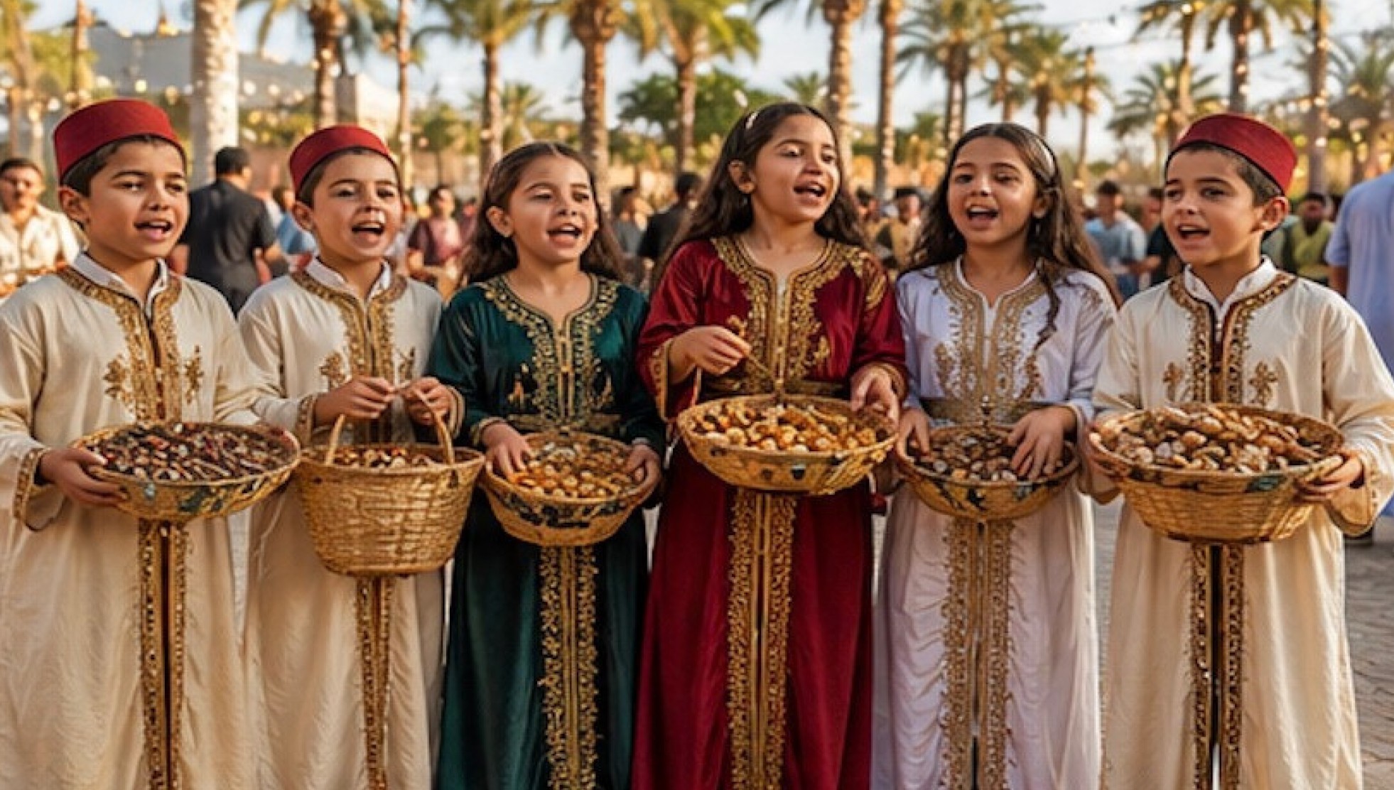 Enfants en tenue traditionnelle marocaine tenant des paniers